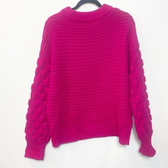 Elodie Chunky Knit Ribbed Neck Sweater Bright Pink Orchid Bubble Sleeve Sz Large - Picture 4 of 8